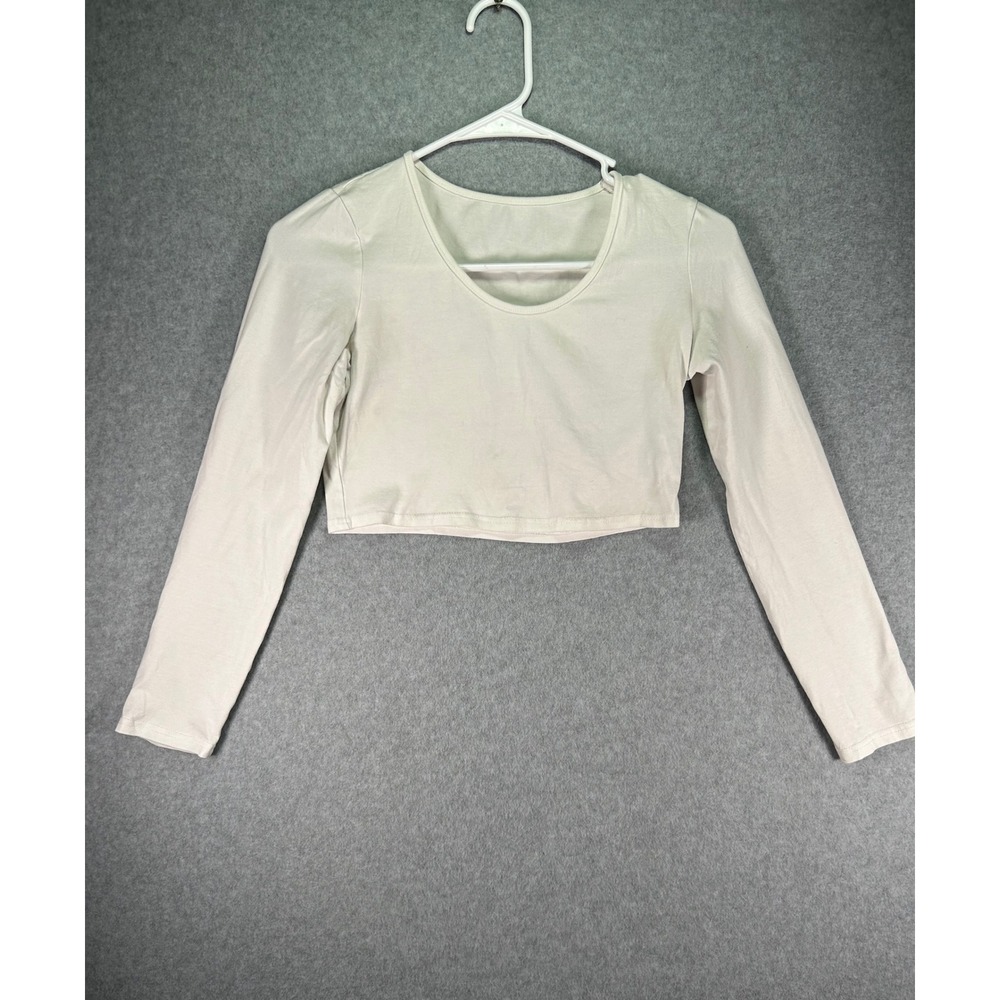 Dazy Solid White Cropped Tee Shirt Long Sleeve Low Scoop Neck Womens Size Small